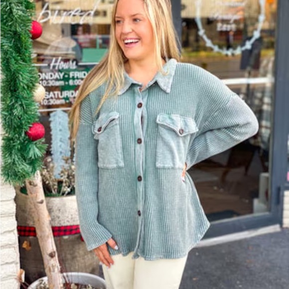 BUCKETLIST Tops Bucketlist Boutique Waffle Knit Dusty Olive Shacket